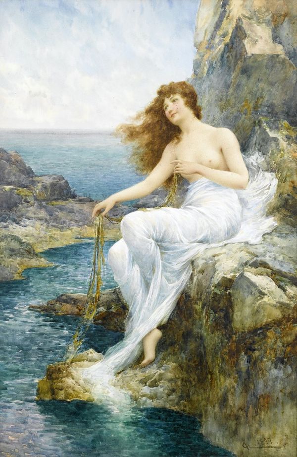 A Sea Maiden resting on a Rocky Shore - Alfred_Augustus_Glendening_Jr.